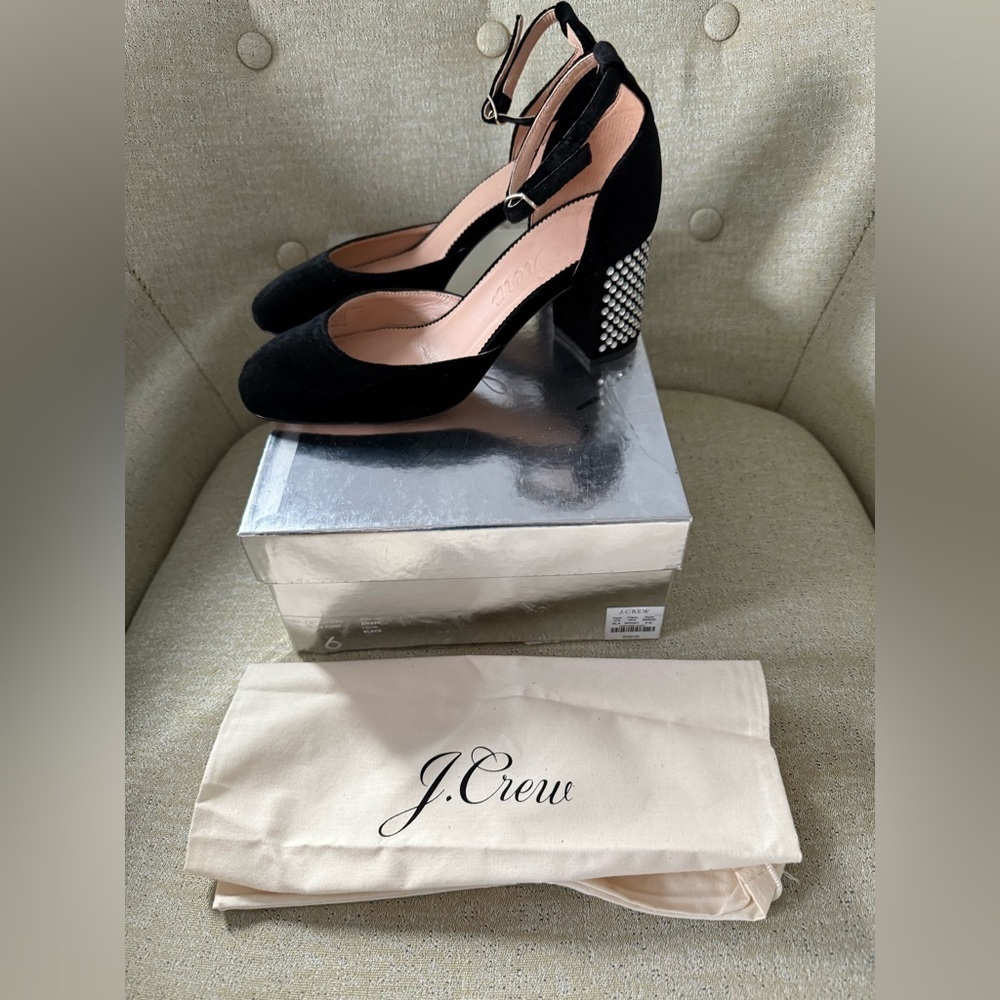 J.Crew Maise Studded Heels Black Velvet EUC 6 $268 Mary Jane Block Heel